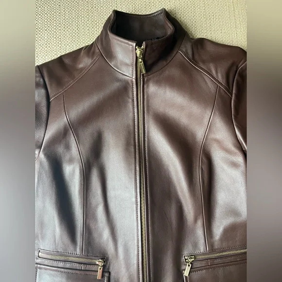 COLE HAAN Brown Leather Wing Collar Jacket Size S - Picture 3 of 5